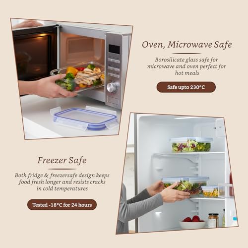 Image of Amazon Brand - Solimo Rectangular Glass Food Storage Container, Pack of 3, Airtight, Microwave & Freezer Safe, Transparent