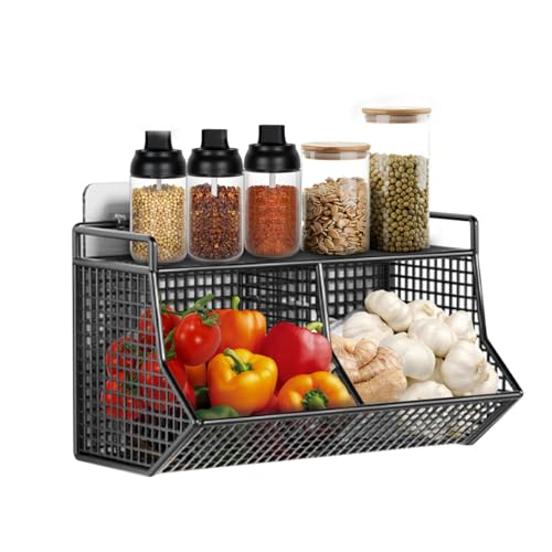 KOLAKO Wire Storage Basket, 30x10x18cm Hanging Kitchen Storage Basket, Black Metal Wire Basket with Adhesive Hooks, Wall Mounted Basket Organiser for Vegetables, Fruit