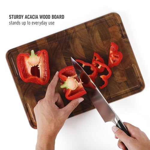 Image of Calphalon Edge Guard Cutting Board, 13.6 x 9.5-Inch End-Grain Acacia Wood Cutting Board, Wooden Chopping Block for Stable Cutting & Food Prep
