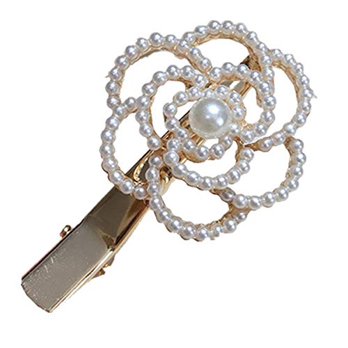 Pince à cheveux avec fleur de camélia en cristal pour femme avec frange et perles d'imitation Cover
