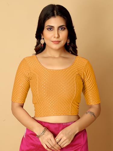 Image of Amazon Brand - Anarva Round Neck Dobby Cotton Lycra Stretchable Elbow Half Sleeve Readymade Saree Blouse for Women Stylish
