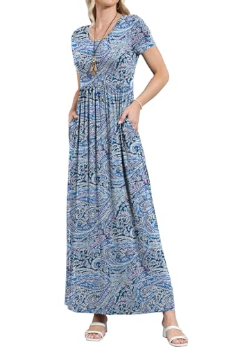 Image of EUOVMY Women's Short Sleeve Loose Plain Maxi Dresses Casual Vacation Long Dresses with Pockets
