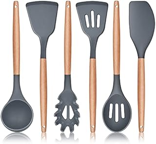 Herogo Kitchen Utensils Set, 6 Piece Silicone Cooking Utensils Set, Non-Stick Spatula Turner Spoon Utensil with Wooden Handle, Heat Resistant Kitchen Tools for Nonstick Cookware - Grey