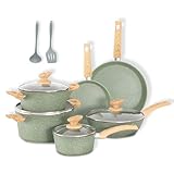 DishDelight Induction Pots and Pans Set Non Stick, 12 Piece Nonstick Induction Granite Kitchen Cookware Sets, Induction Cookware Frying Pans and Saucepan Set, Nonstick Granite Cooking Set, Green