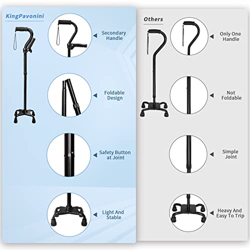 Adjustable Walking Cane for Men & Women with 4-Pronged Base for Extra Stability - Foldable Cane for Seniors with Foam Padded Offset Handle for Soft Grip & a Second Handle for Standing Black