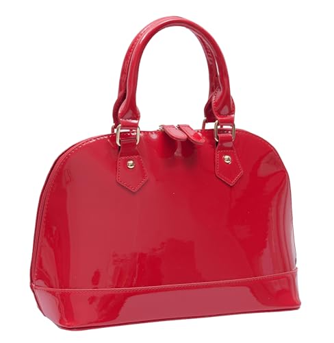 Sac à main en cuir verni avec dôme et fermeture éclair - Multi-poches - Brillant - Grande poignée sur le dessus, Rouge