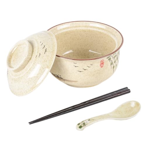 Henrrida Ramen Bowl Set Vintage Ceramic Noodle Bowl with Lid Japanese 800ml with Chopsticks and Spoon for Soup Pasta Salad Cereal Snack Large Bowl