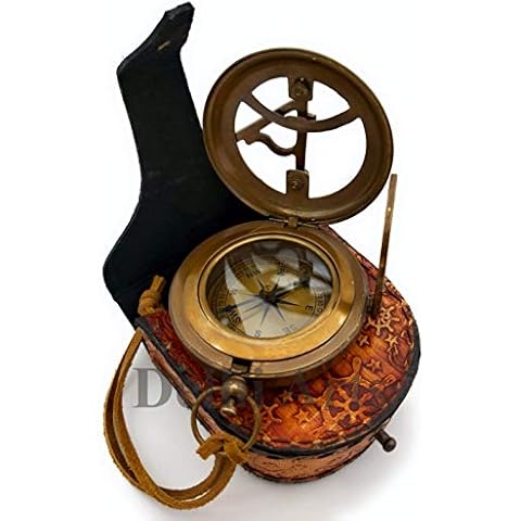 Delhi Arts Brass Sundial Compass with Leather Case and Leather Strip - Push Button Open Mechanism Vintage Compass- - Steampunk Accessory - Antiquated Finish - (Blank) Cover