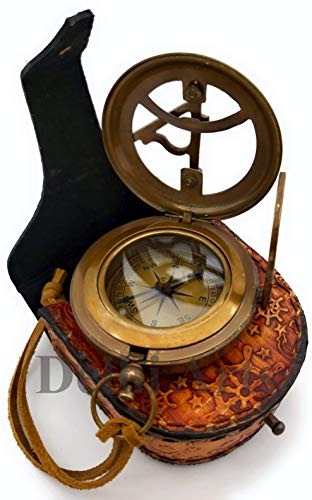 Brass Sundial Compass with Leather Case and Leather Strip - Push Button Open Mechanism Vintage Compass- - Steampunk Accessory - Antiquated Finish - (Blank)