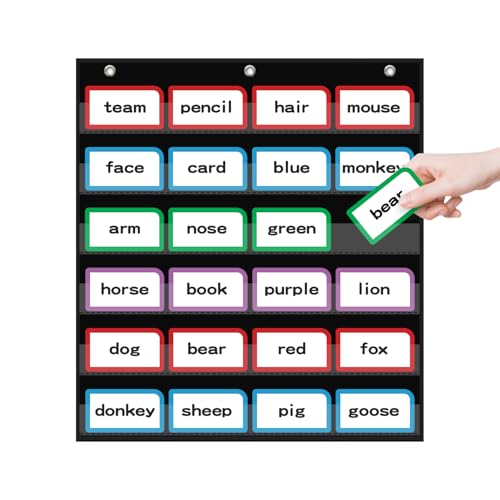 ANCOMEDO 20”W x 25”H Classroom Words Pocket Chart with 6 Clear Pockets, Black Standard Pocket Chart for Classroom and Home for Sentence Strips, Reusable Clear Pocket Hanging Words Chart (Black)