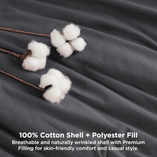 Image of Bedsure PureWoven Cotton Comforter Set Prewashed, King, Charcoal Grey | Cotton Fabric, Microfiber Inner Fill, Soft, Breathable, Natural Wrinkle, 1 Comforter(104 inch X 90 inch), 2 Pillow Shams(20 inchx26 inch)