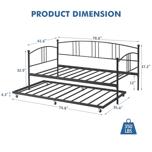 Idealhouse IZKWPK8EMVB-BQDUPTI2_QCOH2QF4 Twin Daybed With Trundle, Metal Twin Size Daybed With Pullout Trundle 6 Casters thumb #1
