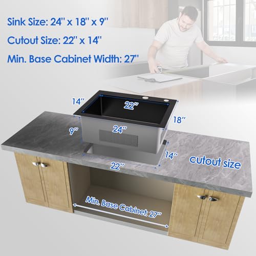 ROVOGO 24 inch Kitchen Sink Drop in 304 Stainless Steel, 24"x18" Single Bowl Top Mount, 9" Deep Sink with 2-Hole and Drain Assembly, Black - Thumbnail 7