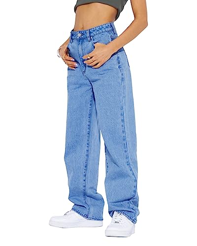 PLNOTME Women's High Waisted Boyfriend Baggy Jeans Straight Leg Casual Denim Pants