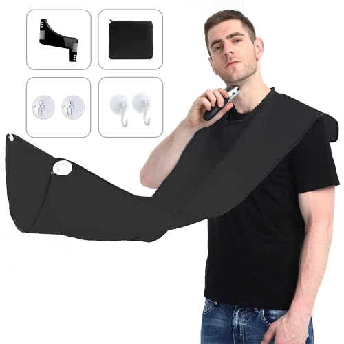 Beard Hair Apron, Bib for Beard, Men's Shaving Shawl, Non-Stick Beard Cape Grooming Cloth, with 4 Suction Cups, Beard Comb, and Portable Pouch, Best Gifts for Husband.（Black）