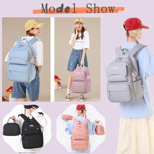 Bansusu 3Pcs Girls Backpack and Lunchbox Set for School Kids, Solid Color School Bag Plain Backpack for Girls with Lunch Bag, Grey - Image 6