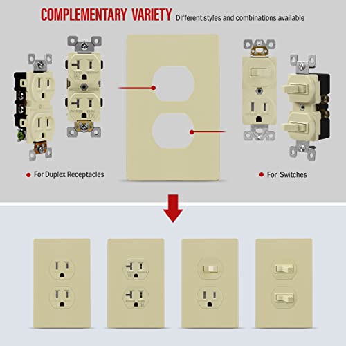Image of ENERLITES SI8821-I Duplex Outlet Receptacle Cover, Screwless Wall Plate, Standard Size, 1-Gang 4.68 inch x 2.93 inch, Unbreakable Polycarbonate Thermoplastic, UL Listed, SI8821-I-10PCS, Ivory, 10 Pack