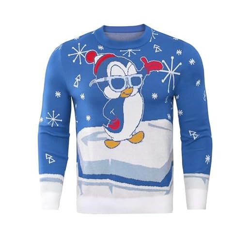 Demegimi Hombres Jerseys Navideños Suéter Divertido Navidad Manga Larga Jersey Navideño Feo de Pingüinos Redondo Pullover de Punto de Navidad