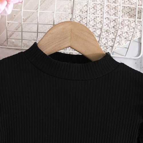 Image of Noubeau Toddler Girls Plaid Outfits Girls Puff Sleeve Knit Ribbed Shirt Tops Plaid Skirt Set Kids Fall Winter Clothes