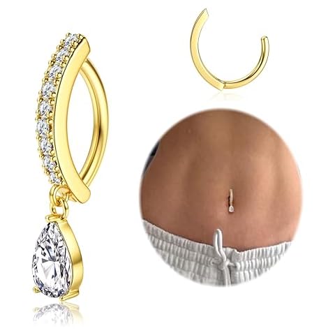 FIBO STEEL 14K Gold Plated Belly Button Rings for Women 316L Surgical Steel Clicker Belly Rings CZ Snake Flower Curved Reverse Navel Rings Belly Piercing Jewelry Barbell 14G Dangle Cover
