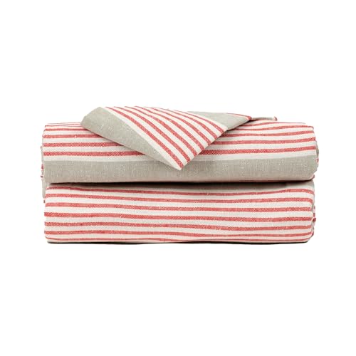 TRAMAS+ Mantel Mesa Rectangular Algodón Efecto Lino para Casa Comedor Cocina Terraza Patio 3 Medidas - Rayas Rojo (140x200 cm)