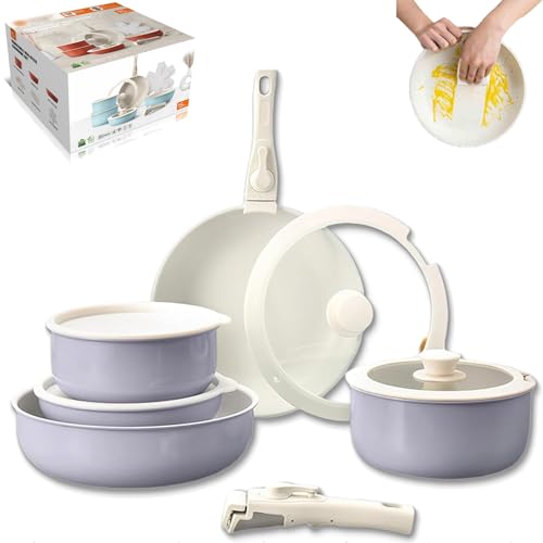 Gourmetific Cookware Set, Gourmetific Nonstick Detachable Handle Cookware, 5/15 Piece Stackable Non-Stick Cookware Set with Multifunctional Spatula (Purple,15 Set)
