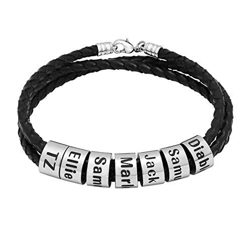 Ruibeila Personalized Mens Leather Bracelet with Custom Beads, Customized Leather Braid Bracelet Engraved Names Dad Bracelet for Men â Gift for Father's Day