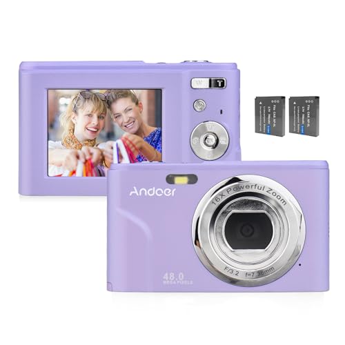 Andoer Portable Digital Camera 48MP 1080P 2.4-inch IPS Screen 16X Zoom Auto Focus Self-Timer 128GB Extended Memory Face Detection Anti-shaking with 2pcs Batteries Hand Strap Carry Pouch