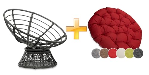 sunnypillow Papasansessel | Rattansessel mit Kissen rund Durchmesser 120 cm | gemütlicher Loungesessel drehbar für Wohnzimmer | Balkon Sessel Korbsessel Rattan Lesesessel | Outdoor/Indoor | Rot