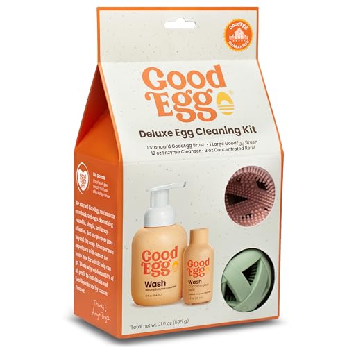 GoodEgg Deluxe Egg Cleaning Kit, 2 Silicone Brushes (Standard & XL) with 12 oz Enzyme Wash & Refill, Egg Washer Scrubber Cleaner for Fresh Eggs, Chicken Coop Accessories, Made in USA