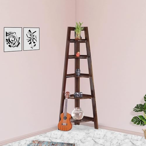 Image of Solid Sheesham Wooden Corner Bookshelf for Living Room Floor Standing Corner Book Shelf 5 Tier Ladder Cabinet Corner Shelf for Home Decor|Bookshelf for Home | Rosewood, Walnut