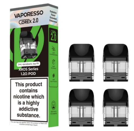 Xros Series Pods Corex 2.0 Pods compatible with XROS 4, 4 Mini, Xros 3 Nano 3 Mini 3 kits MTL 2ML - No Nicotine Compatible with Vaporesso - Vape Starter Kit - No Nicotine (1.2ohm - Pack of 4)