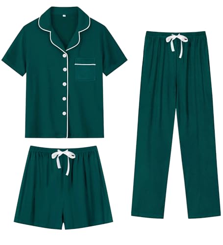 Image of SWOMOG Womens 3pcs Button Down Pajamas Set Short Sleeve Sleepwear Bride Pj Lounge Set with Long Pants