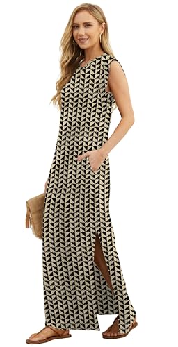 Image of GRECERELLE 2026 Women Year-Round Casual Round Neck Loose Split Wrinkle-Free Long Maxi Vacation Dress with Pockets (XXS-4XL)