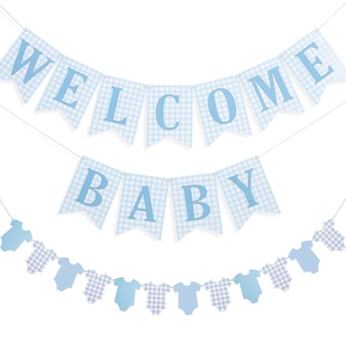 Baby Boy Baby Shower Banner 2 PCS Pre-strung Blue Gingham Welcome Baby and Body Cloth Banner for Baby Boy Shower Party Decoration (welcome baby-bodysuits)
