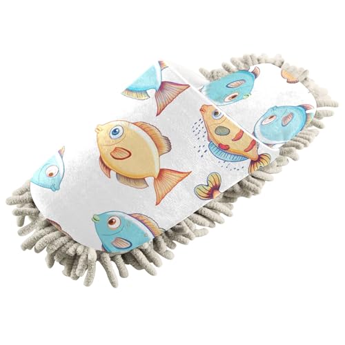 Kigai Cute Fishes Mop Slippers for Floor Cleaning, Slippers for Women Men, Microfiber Floor Cleaning, L