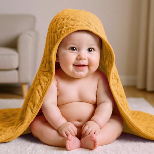 Image of VitalCozy 12 Pcs Baby Muslin Hooded Bath Towels and Washcloths, Muslin Hooded Baby Towels Absorbent Blankets for Gift Newborn Infant Shower (Warm Color)