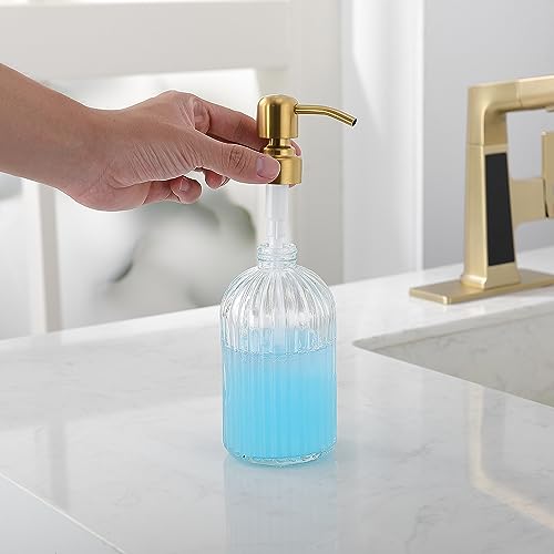 Leetcp Gold Refillable Glass Kitchen Soap Dispenser,16oz Bathroom Soap Dispenser with Vertical Strip,Golden 304 Stainless Steel Pump Head, Clear Thick Glass,for Modern Home Decor, Countertop, Hotel