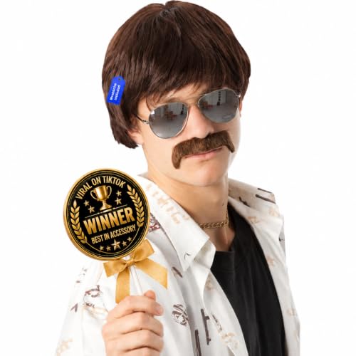 ALLAURA Compatible with Sonny Bono Wig – 60s 70s Men’s Short Brown Wig + Mustache for Hippie, Singer, TV Star, Cop, Detective Costumes – Liberty Duo, Limu &amp; Doug, Uncle Rico, Retro Halloween Outfit