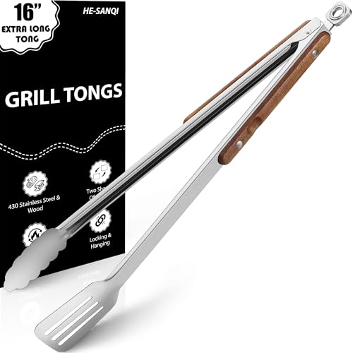 16-Inch Grill Tongs - Extra Long BBQ Tongs with Wood Handles - Heavy Duty Heat Resistant Barbecue Tong Stainless Steel Metal Tong for Cooking, Grill, Grilling, Charcoal, BBQ, Barbecue, Serving