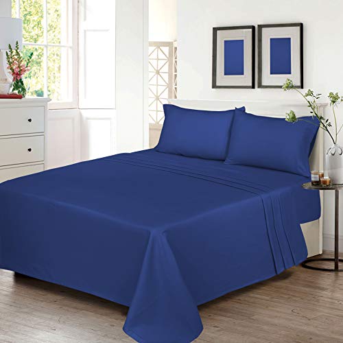 Ruvanti 100% Cotton 4 Pcs Flannel Sheets King, Deep Pocket, Warm, Super Soft, Breathable, Moisture Wicking Sheets For King Size Bed Include Flat, Fitted Sheet, 2 Pillowcase - Solid Royal Blue #TOP1