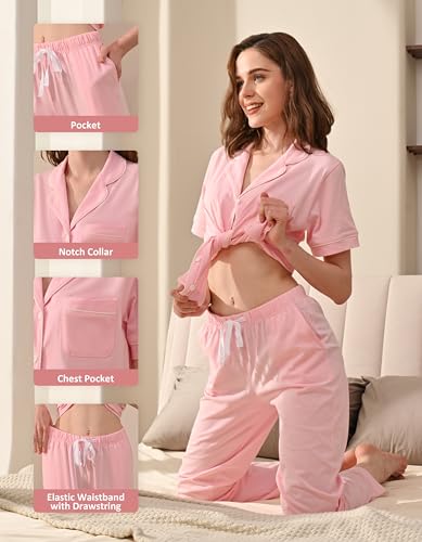 Image of NAP BOUND 100% Cotton Women's Pajama Sets Short Sleeve Button Down Soft Pjs 2 Piece Lounge Set with Pocket Nightwear XS-XXL