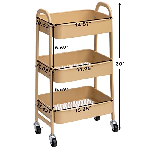 Agtek Makeup Cart, Movable Rolling Organizer Cart, 3 Tier Metal Utility Cart With Lockable Wheels For Home & Office, Golden #TOP6