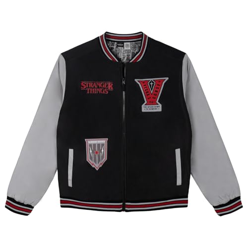 Stranger Things Mens Varsity Zip Up Bomber Jacket Black X-Large