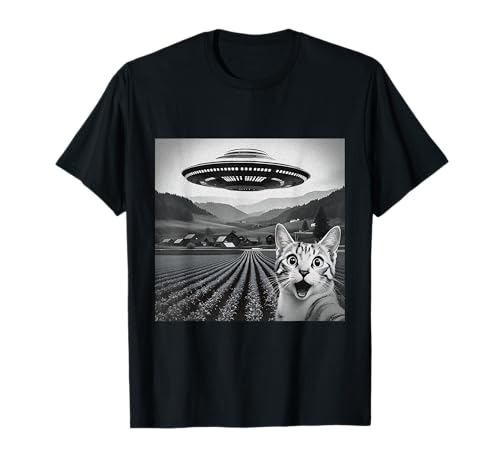 Funny Cat Selfie UFO UAP Aliens T-shirt de visita extraterrestre, Preto, Pequeno