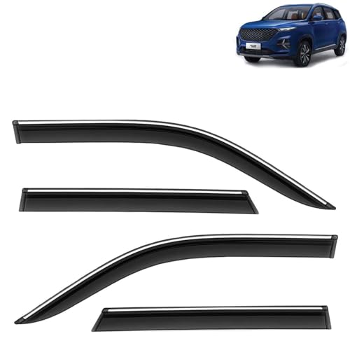 Image of KINGSWAY Accessories Chrome Lining Door Visor Only Compatible with MG Hector Plus (Year 2020 to 2022), Premium Chromeline Unbreakable Car Rain Guard Side Rear Wind Deflectors, Pack of 4