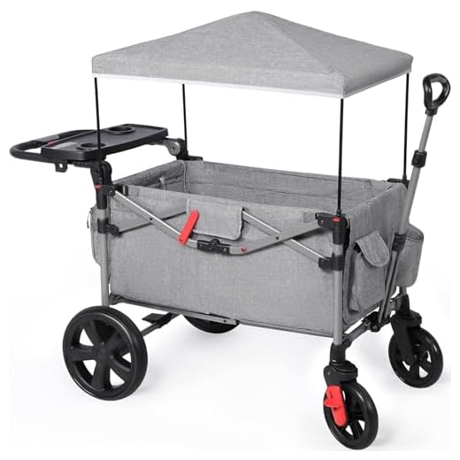 EVER ADVANCED Foldable Wagons for Two Kids & Cargo, Collapsible Folding Stroller with Adjustable Handle Bar,Removable Canopy with 5-Point Harness Gray