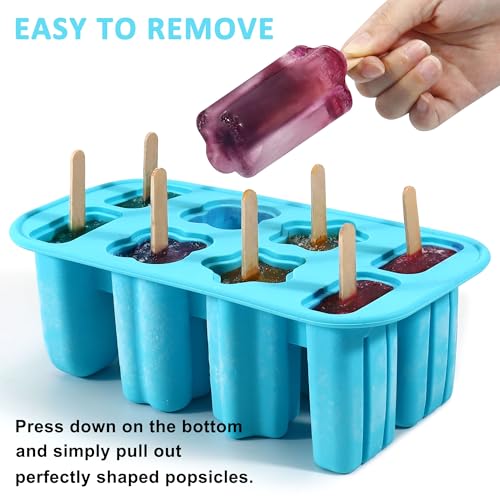8 Cavity Ice Lolly Moulds with 48pcs Wooden Sticks, Reusable Silicone Popsicle Mould, BPA Free Ice Pop Moulds, Homemade Ice Cream Mould for Kids Adults Summer DIY Home Kitchen Tools (Blue) - Image 6