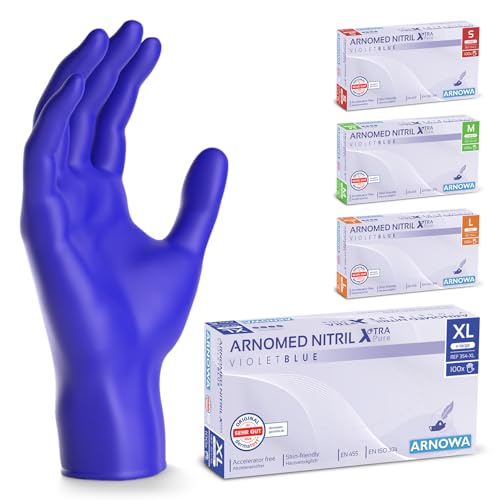 ARNOMED Gants nitrile taille XL, gant bleu violet, 100 pièces/boîte, gants jetable sans accélérateur, non poudrés, sans latex, gants en caoutchouc hypoallergénique, gants en S, M, L, XL