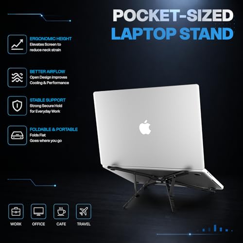 Image of Amkette Ergo Fold Pro 4 in 1 Laptop Stand Metal for Phone, Tablet & Laptop, 8 Level Foldable Aluminium Laptop Stand with MagSafe Mount, 180 Rotating Design, Adjustable Viewing, Anti Slip Grip Black